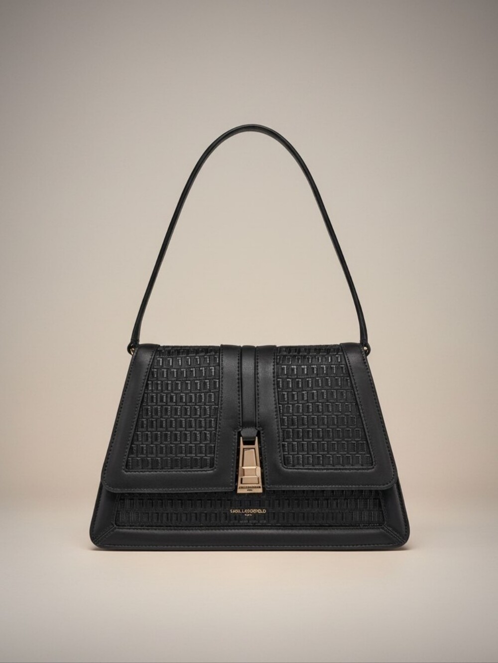 Karl Lagerfeld Paris Mercerie Black Woven Leather Shoulder Bag Gold Clasp